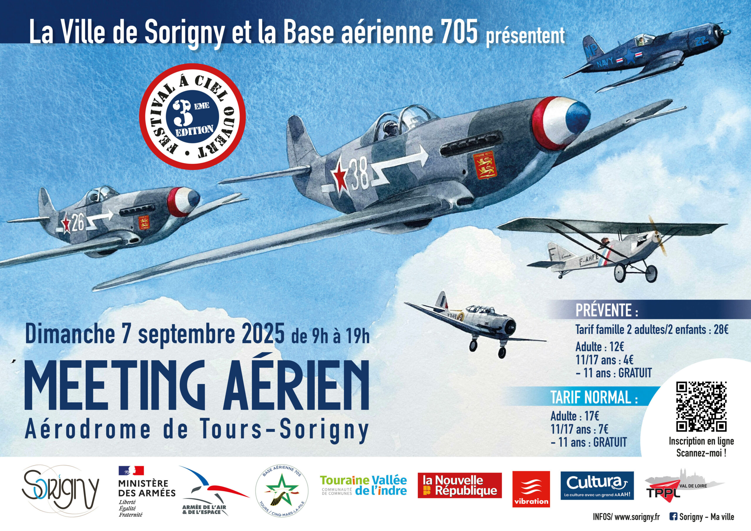 La Ville de Sorigny et la Base aérienne 705 présentent un meeting aérien à l'aérodrome de Tours-Sorigny le dimanche 7 septembre 2025 de 9h à 19h, affiche sur un poster bleu.