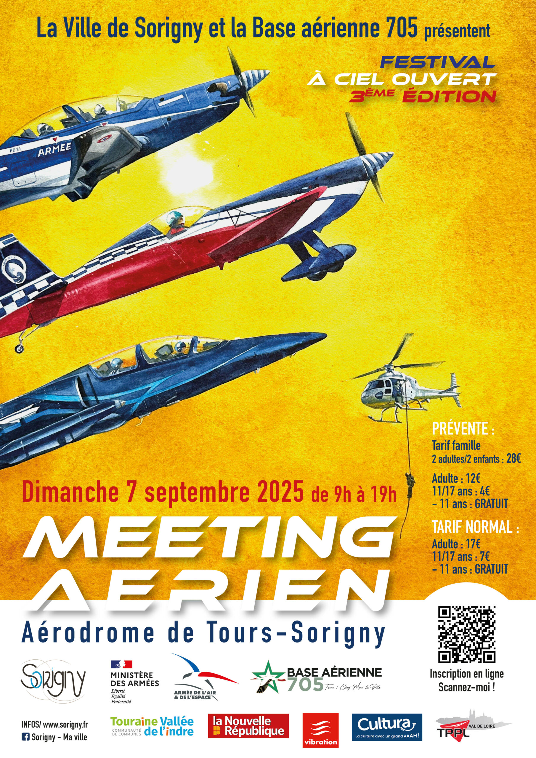 La Ville de Sorigny et la Base aérienne 705 présentent dans le cadre du festival à ciel ouvert un meeting aérien à l'aérodrome de Tours-Sorigny le dimanche 7 septembre 2025 de 9h à 19h, affiche sur un poster jaune.